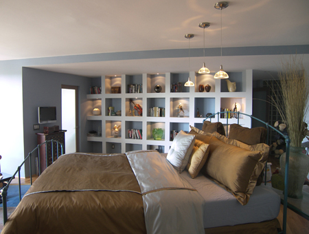 blue and brown bedroom setup
